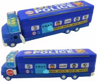 Just craft Metal Pencil Box, Pencil Box Art, Police Bus Shape with Rotating Wheels(Blue)