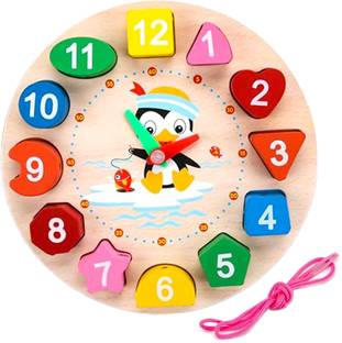 WISHKEY Wooden Learning Clock With Bead Lace, Educational Digital Analog Numbers, Shape & Color Learning For Kids Montessori Toy