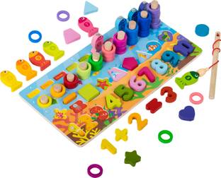 WISHKEY Wooden 6-in-1 Multifunctional Puzzle Board Number, Shape, Fishing Game, Stacking