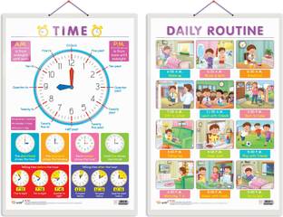 Set of 2 TIME and DAILY ROUTINE Early Learning Educational Charts for Kids | 20"X30" inch |Non-Tearable and Waterproof | Double Sided Laminated | Perfect for Homeschooling, Kindergarten and Nursery Students Paper Print