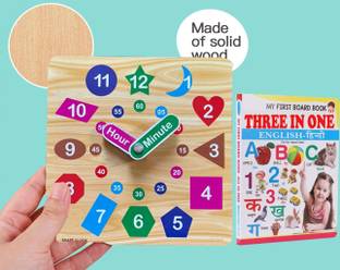SHALAFI Dummy Clock Wooden Watch Toy Board Digital Analog Numbers, Shape&Color+3in1 Book