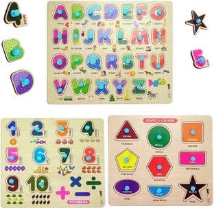 Kidzoy Wooden Learning Educational Board Set of 3 Alphabets, Numbers & Shapes For Kids