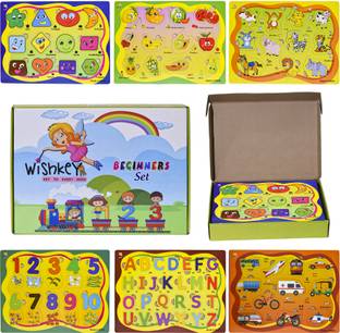 WISHKEY Wooden Educational Colorful Fruits,Numbers,Geometric Shapes,Animals,Vehicles,Alphabet Set of 6 Puzzle board