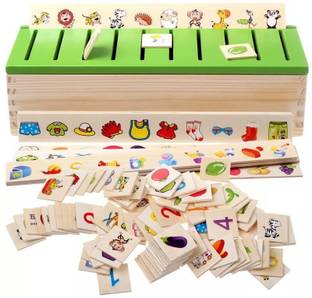 Trinkets & More Knowledge Classification Box (Numbers, Shapes, Vehicles, Vegetables, Animals and Fruits) Puzzle Wooden Toys 80 Pieces Educational Toys Kids 3+ Years