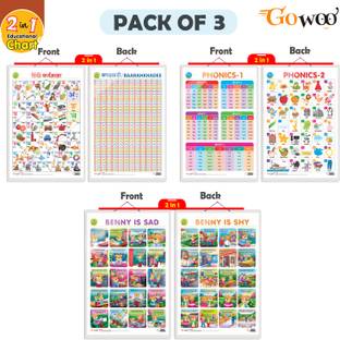 Set of 3 | 2 IN 1 PHONICS 1 AND PHONICS 2, 2 IN 1 HINDI VARNMALA AND BAARAHKHADEE and 2 IN 1 BENNY IS SAD AND BENNY IS SHY Early Learning Educational Charts for Kids | 20"X30" inch |Non-Tearable and Waterproof | Double Sided Laminated | Perfect for Homeschooling, Kindergarten and Nursery Students Paper Print