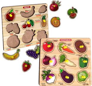 SHALAFI Fruits & Vegetables Shape Name Puzzle on Wooden Board Games For Kids PackOf2