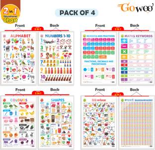Set of 4 | 2 IN 1 ALPHABET AND NUMBER 1-10, 2 IN 1 NUMBER & FRACTIONS AND MATHS KEYWORDS, 2 IN 1 COLOURS AND SHAPES and 2 IN 1 HINDI VARNMALA AND BAARAHKHADEE Early Learning Educational Charts for Kids | 20"X30" inch |Non-Tearable and Waterproof | Double Sided Laminated | Perfect for Homeschooling, Kindergarten and Nursery Students Paper Print