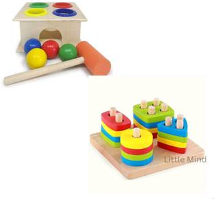 Little Mind Wooden Hammer Ball Knock Pounding Bench with Wooden Square Shape 4 Blocks 3+