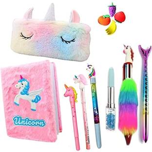 AMP Creations Unicorn Learning Collection-9pcs Diary/Pouch/Pen/Gel Pen/Pencil/Eraser for Kids Stationery Set