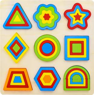 WISHKEY Montessori Brain Teaser Learning Toy with 9 Geometric Wooden Shapes Puzzle Board