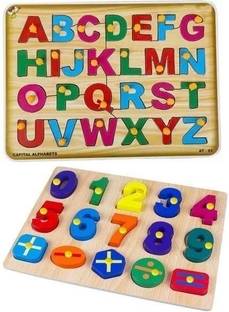 PopPlop Wooden Learning Educational Board Alphabets, 0to10 Numbers Counting Puzzle Toys