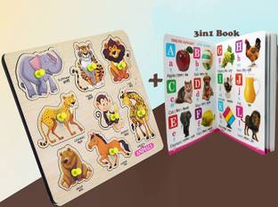 FORSIKHA Wooden Animals Name matching Puzzle Board Learning Toys Jigsaw puzzle+3in1 Book