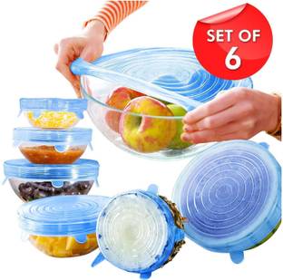Epaal Set of 6 Reusable Safety Silicone Stretch Dishwasher Microwave and Freezer Safe Light Blue Lids 8.3 inch, 6.5 inch, 5.7 inch, 4.5 inch Lid Set