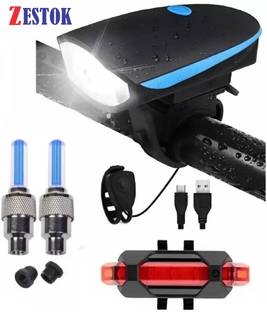 Zestok Bicycle Combo Of Cycle Front Light with Horn Tail Light and Tyre Valve Light LED Front Rear Light Combo