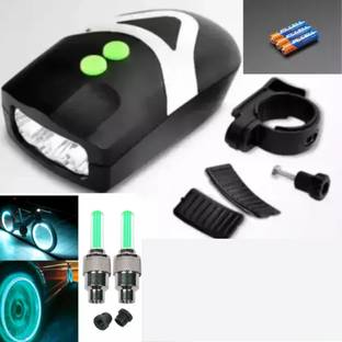 SPOKEFOX 3 Mode Bicycle Light + Horn Set With Green Tyre Valve Light LED Front Light