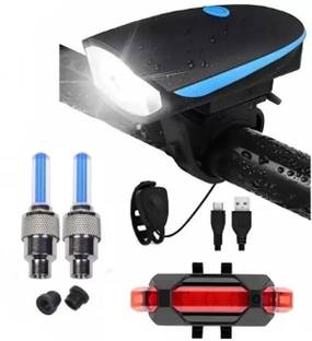 GJSHOP Rechargeable Premium Cycle Front, Rear & Valve Light and with Horn Waterproof LED Front Rear Light Combo