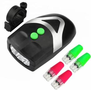 DSTECHBAR Bicycle 3 LED Headlight, Horn Hooter with 2pc Wheel Valve Light Tyre LED LED Front Rear Light Combo