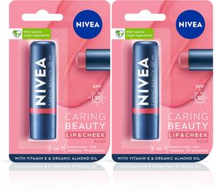 NIVEA Lip Caring Beauty Rose Lip Balm, Lip & Cheek Tint with SPF 30 (Pack of 2, 9.6 g) Rose