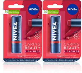 NIVEA Lip Caring Beauty Red Lip Balm, Lip & Cheek Tint with SPF 30 (Pack of 2, 9.6 g) Red