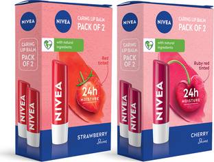 NIVEA Fruity Shine Lip Balm Pack of 4 Strawberry & Cherry