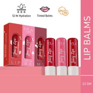 MILA BEAUTÉ Tinted Juicy Lip Balms Combo with 12Hrs Moisturisation & SPF 15 (Strawberry, Cherry, Candy floss)