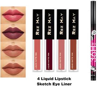 rezmay Non Transfer Water Proof Liquid Matte Lipstick Combo Pack Set of 4 + 1 EyeLiner