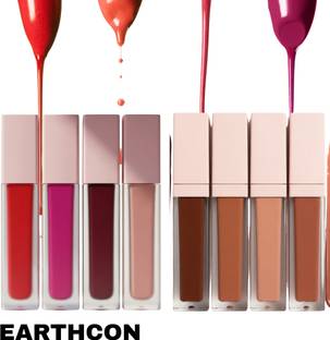 Earthcon 4 Red + 4 Nude Liquid Lipsticks – Total 8 Pack