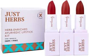 Just Herbs Ayurvedic Creamy Matte Half-Size Lipstick Kit - Pink, Deep Red & Rose Brown ( Set of 3)