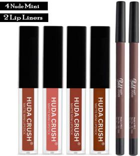 HUDA CRUSH BEAUTY 4 Liquid Matte Lipstick Set, Nude Edition with 2 Premium Lip Liner
