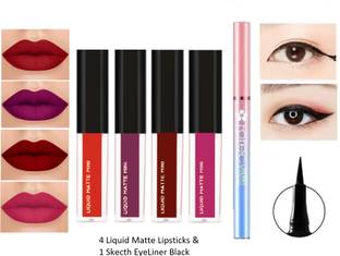 NYN HUDA SuperStay Water Proof Liquid Matte Beauty Lipstick 4 Pcs + Sketch EyeLiner Black