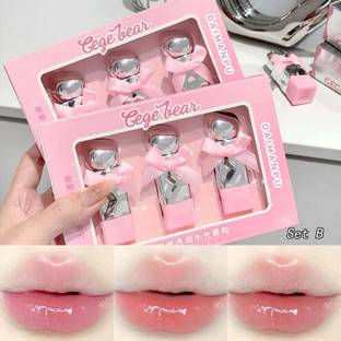 DAIMANPU Gege Bear Waterproof Jelly Transparent Liquid Lipstick, Cute Pink Lip Gloss 3Pcs