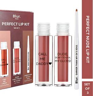 Blur India PERFECT Nude Lip Kit | 3 Nude Liquid Lipstick, Gloss, Lip Liner Combo