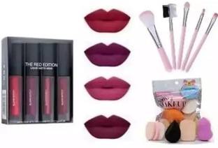 Marie Huda The Red Edition Matte Mini Liquid Lipstick 4 & PUFF PACKET & 5 PC BRUSH SET