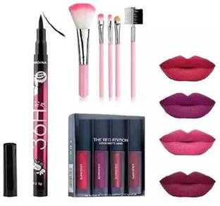 glamblush RED EDITION LIPSTICK & 5 PCS PINK MAKEUP BRUSHES & BLACK EYELINER PENCIL
