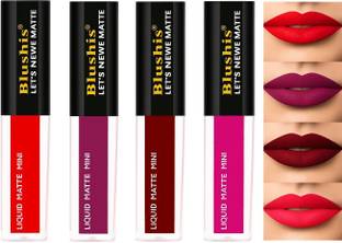 BLUSHIS Non Transfer Insta Beauty Waterproof Longlast SensationaL Liquid Matte Mini Lipstick Combo Pack Of 4 Red ,Purple Maroon and Magenta Colour Shade