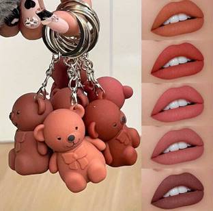 Ashyra Cute 2in1 Matte Teddy Bear Keychain Lipstick | Long Stay Non-Sticky (Pack of 5)