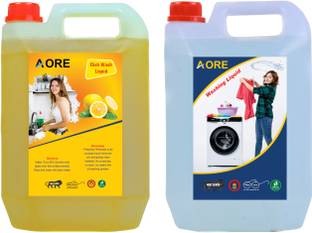 AORE Washing machine liquid detergent white + Dish Cleaning Gel yellow (5+5 ltr) Multi-Fragrance Liquid Detergent