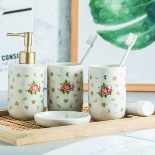 Usha Shriram Set of 4 Ceramic Liquid Soap Dispenser Bottle For Bathroom & Kitchen 320 ml Shampoo, Lotion, Liquid, Conditioner, Gel, Sanitizer Stand Dispenser