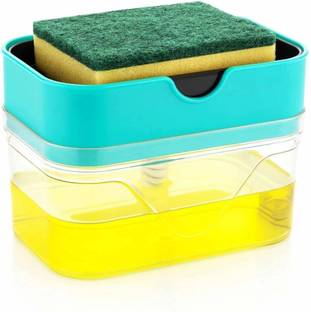 Torexo Plastic Liquid Soap Press-Type Pump Dispenser with Sponge Holder for Kitchen Sink Dishwasher 385 ml Liquid, Soap, Gel Dispenser