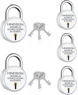 HINDSON Round 65 Double Locking, 8 Levers with 3 Iron Key Lock , Pack of 5, Silver Finish Padlock