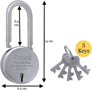 Foora Round 65 LS with 5 Keys, Extra Long Shackle, Double Locking -Size 65 mm Padlock