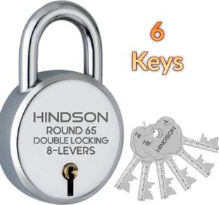 HINDSON Lock with 6 Keys Steel Round 65mm, 8 Levers, Silver Finish Padlock Padlock