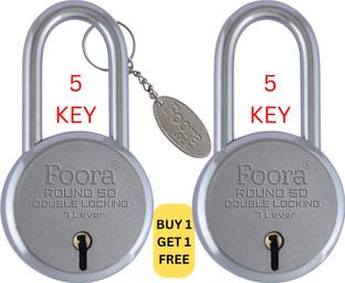 Foora Small Lock and keys Round 50mm Long Shackle 5 keys Pack of 2 padlock for home Lock