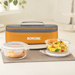BOROSIL Glass Lunchbox, 2 pc Round Set (400ml Each), Horizontal Tiffin 2 Containers Lunch Box
