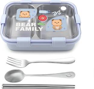 PBKN Microwave Safe with 2 Compartments, Bear Print, Utensils Set 2 Containers Lunch Box