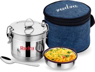 Rudra SS Stainless Steel Food Pack Lunch Box with Steel Separator Plate and Locking Clip 1 Containers Lunch Box