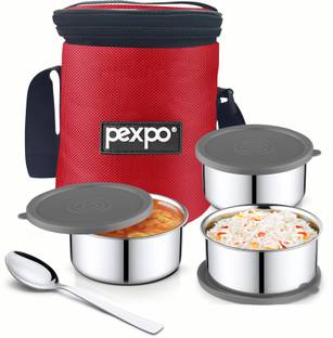 pexpo Eco Pro-3 with 3 Air-Tight Round Containers (3*280ml) with Spoon & Bag, BPA-Free 3 Containers Lunch Box