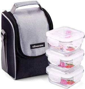 Oliveware Glassware Square Lunchbox | Borosilicate Glass Lunchbox Microwave Proof 3 Containers Lunch Box