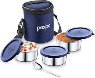 pexpo Eco Pro-3 with 3 Air-Tight Round Containers (3*280ml) with Spoon & Bag, BPA-Free 3 Containers Lunch Box