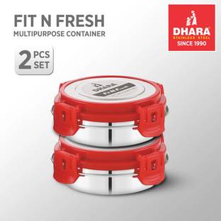 Dhara Stainless Steel Fit N Fresh Tiffin Box Containers With Four Side Clips Lock Airtight Lid Red 2 Containers Lunch Box